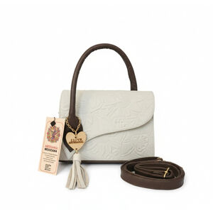 Off White Dark Brown Sunflower Embossed Tooled Artisan LEATHER Crossbody Purse